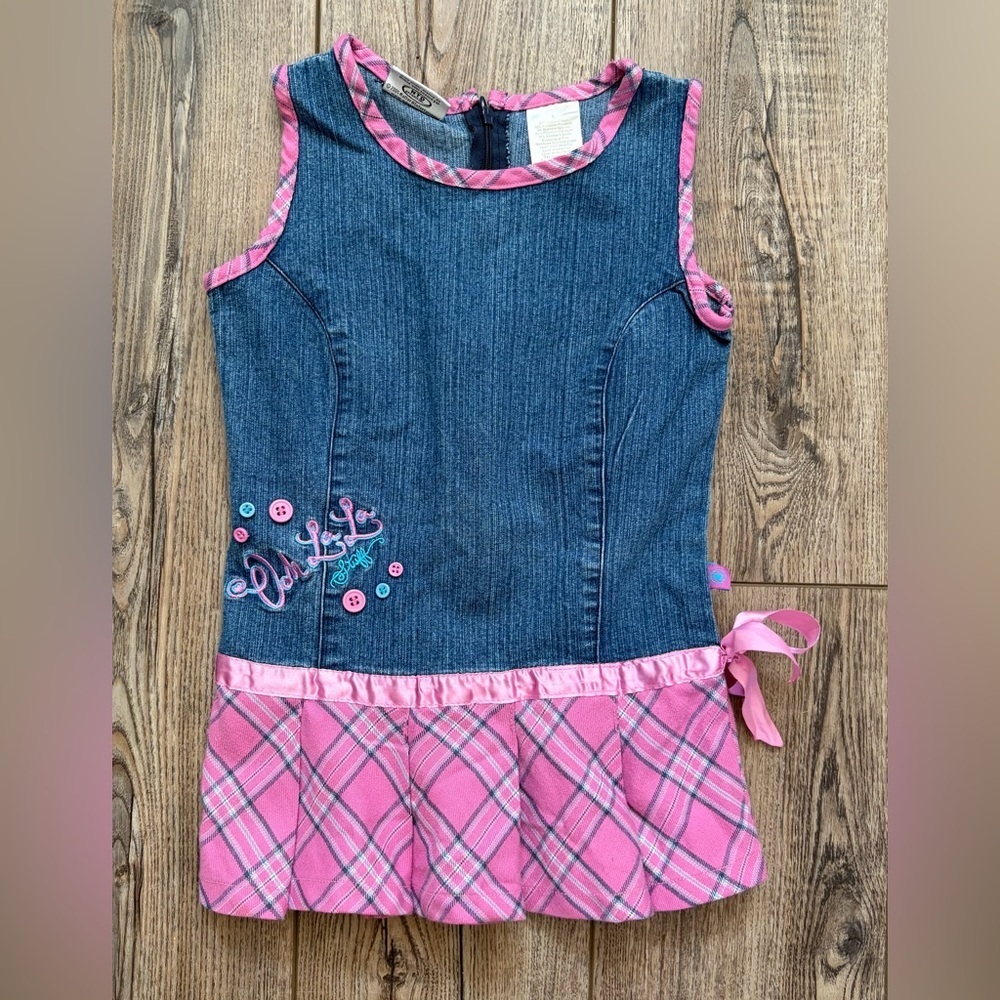 Y2K 2005 Stuff by Hilary Duff Girls Denim Pink Plaid Dress Size 5